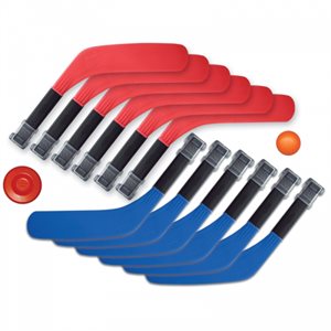 12 mini-hockey, 1 balle, 1 rondelle