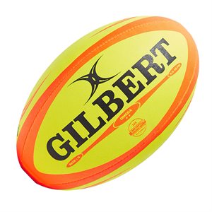 Ballon de rugby de partie en caoutchouc Gilbert® «Omega», #5, jaune